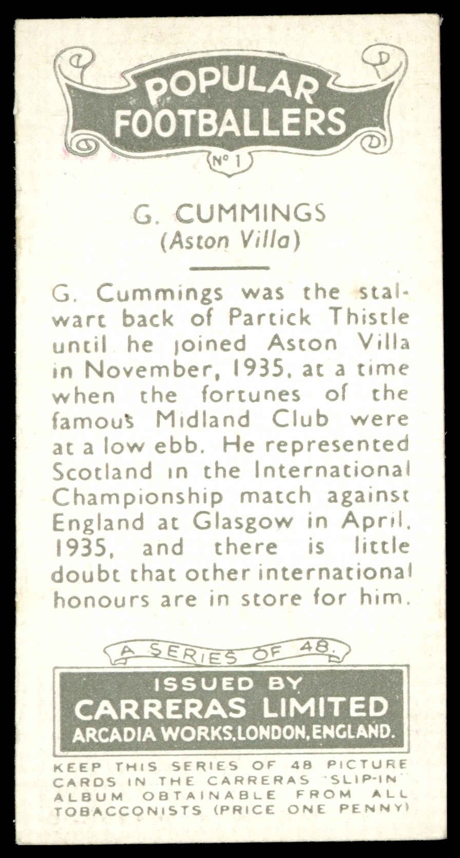 Carreras - 'Popular Footballers (White)' (1936) - #1 - G. Cummings (Aston Villa) Carreras - 'Popular Footballers (White)' (1936) - #1 - G. Cummings (Aston Villa)