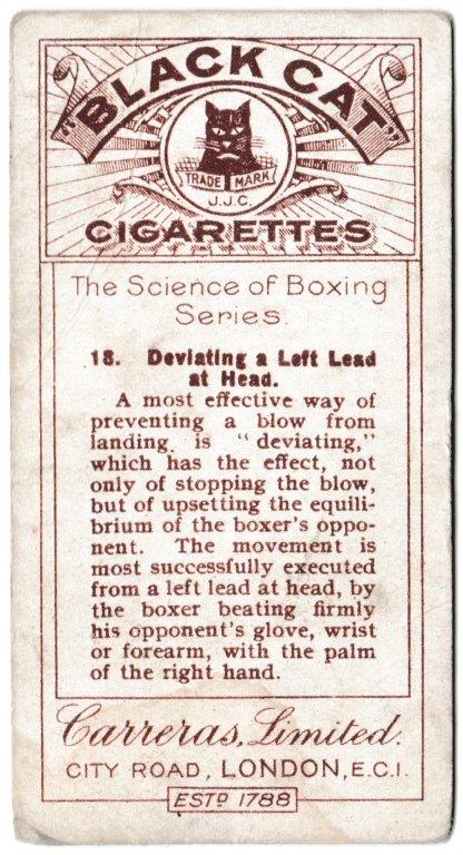 Carreras - 'The Science of Boxing Series (Black Cat)' (1914) - Card #18 - Deviating a Left Lead at Head Carreras - 'The Science of Boxing Series (Black Cat)' (1914) - Card #18 - Deviating a Left Lead at Head