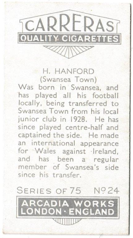 Carreras - 'Footballers' (1934) - H. Hanford (Swansea Town) Carreras - 'Footballers' (1934) - H. Hanford (Swansea Town)