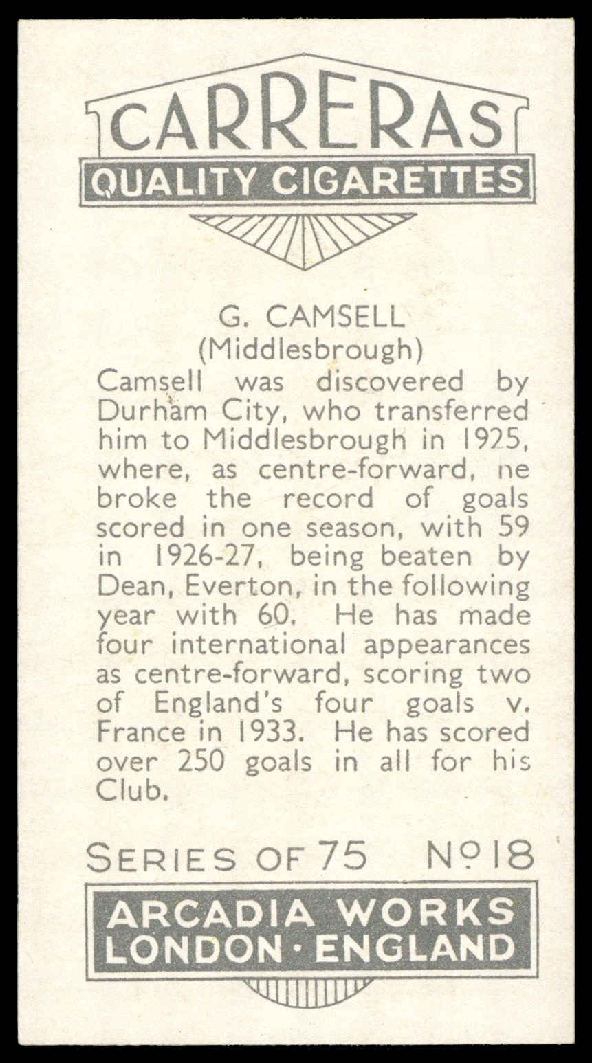 Carreras - 'Footballers (27mm)' (1934) - G. Camsell (Middlesbrough) Carreras - 'Footballers (27mm)' (1934) - G. Camsell (Middlesbrough)
