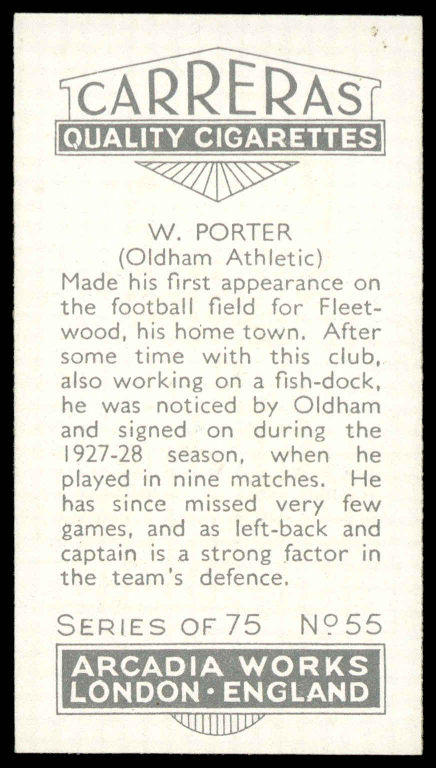 Carreras - 'Footballers (27mm)' (1934) - W. Porter (Oldham Athletic) Carreras - 'Footballers (27mm)' (1934) - W. Porter (Oldham Athletic)