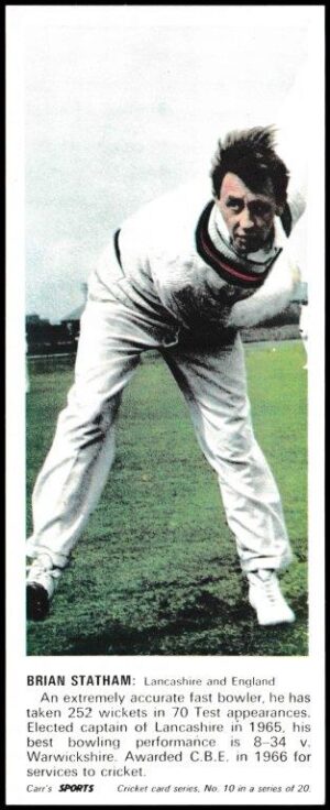 Carr's Biscuits - 'Cricketers' - Card #10 - Brian Statham (Lancashire)