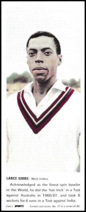Carr's Biscuits - 'Cricketers' - Card #17 - Lance Gibbs (West Indies)