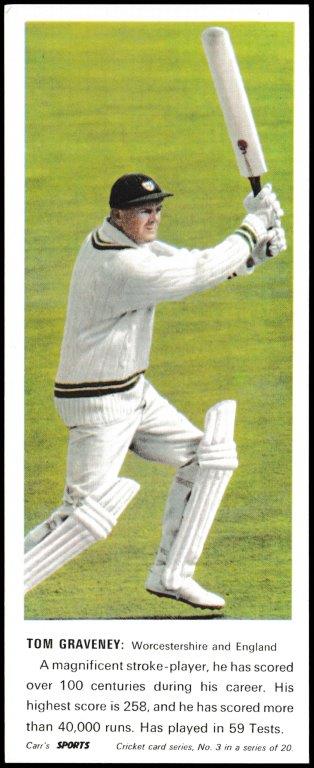 Carr's Biscuits - 'Cricketers' - Card #3 - Tom Graveney (Worcs) Carr's Biscuits - 'Cricketers' - Card #3 - Tom Graveney (Worcs)