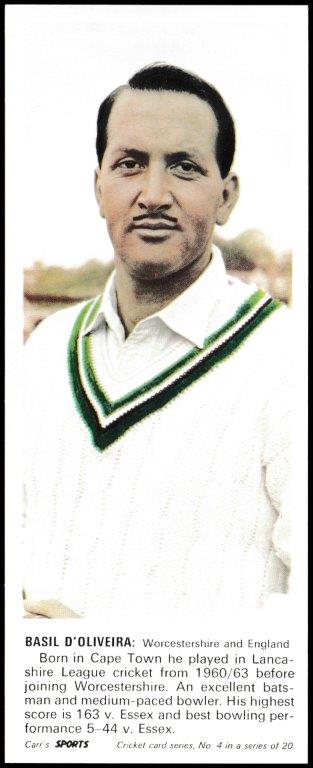 Carr's Biscuits - 'Cricketers' - Card #4 - Basil D'Oliveira (Worcs) Carr's Biscuits - 'Cricketers' - Card #4 - Basil D'Oliveira (Worcs)