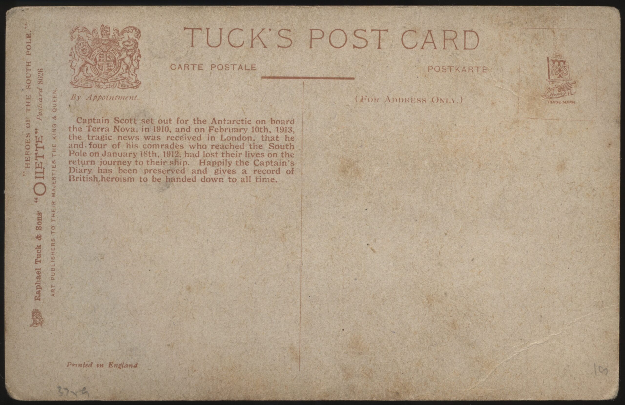Tuck's - 'Scott & Oates - Heroes of the South Pole' (1913) - Unused Postcard Tuck's - 'Scott & Oates - Heroes of the South Pole' (1913) - Unused Postcard