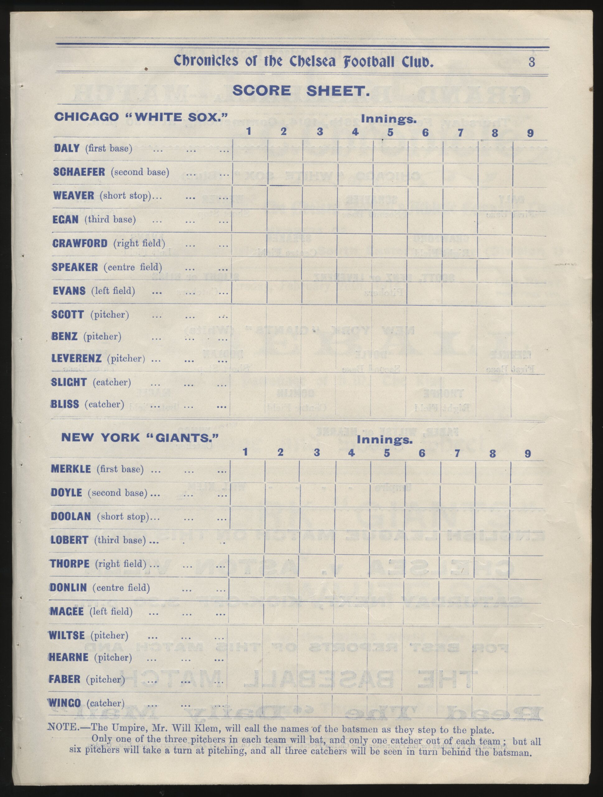 Chelsea FC - 'New York Giants v Chicago White Sox Final World Tour Match London' (1914) - British Baseball Programme Chelsea FC - 'New York Giants v Chicago White Sox Final World Tour Match London' (1914) - British Baseball Programme