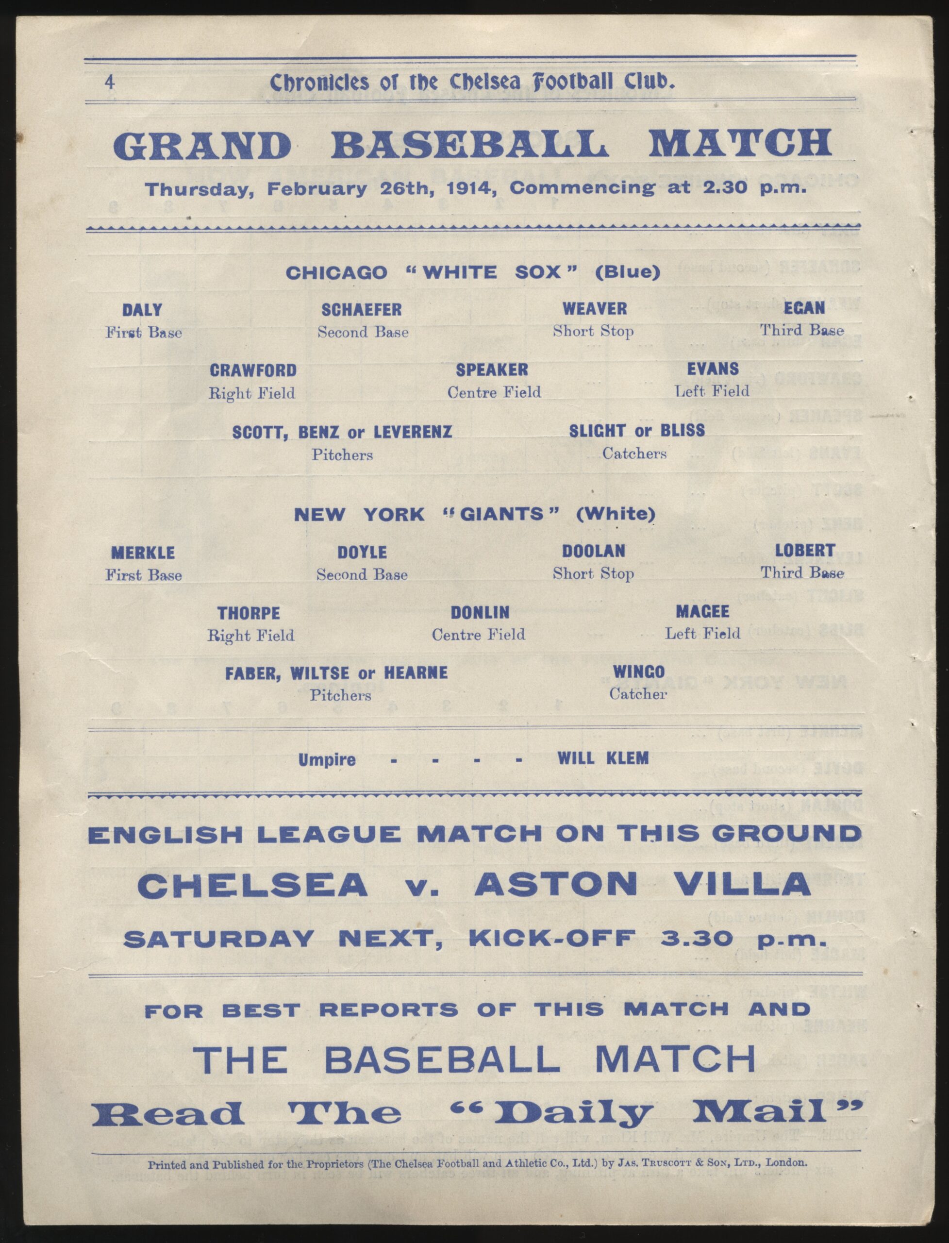 Chelsea FC - 'New York Giants v Chicago White Sox Final World Tour Match London' (1914) - British Baseball Programme Chelsea FC - 'New York Giants v Chicago White Sox Final World Tour Match London' (1914) - British Baseball Programme