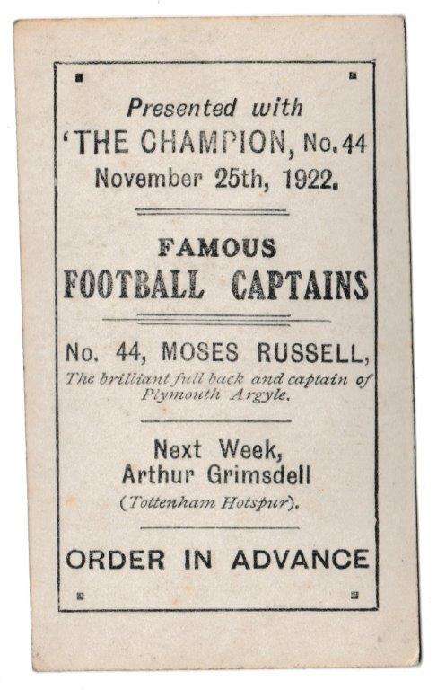 Champion - 'Famous Football Captains' (1923) - Card #44 - Moses Russell (Plymouth Argyle) Champion - 'Famous Football Captains' (1923) - Card #44 - Moses Russell (Plymouth Argyle)
