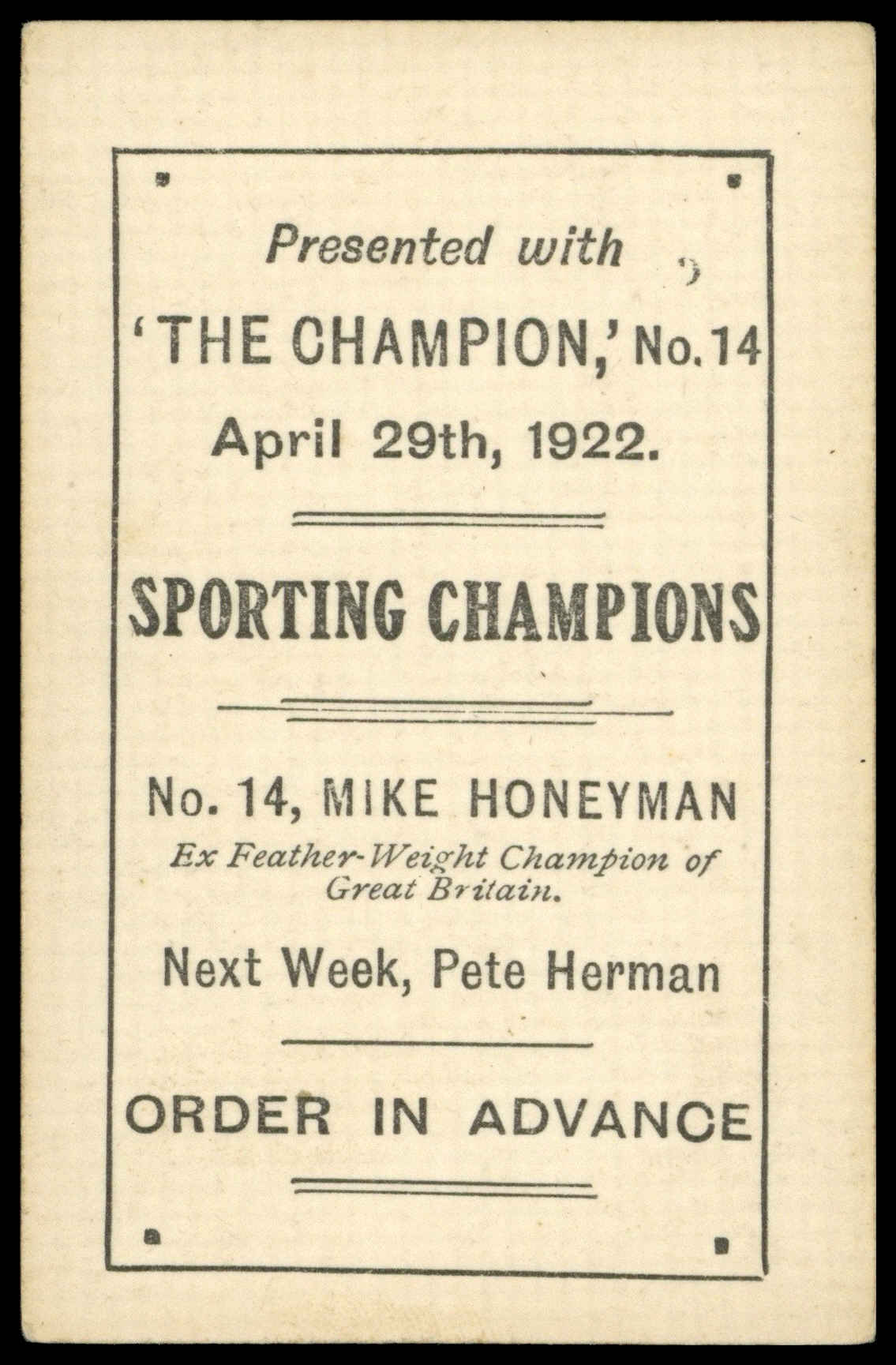 Amalgamated Press - 'Sporting Champions' (1922) - Mike Honeyman Amalgamated Press - 'Sporting Champions' (1922) - Mike Honeyman