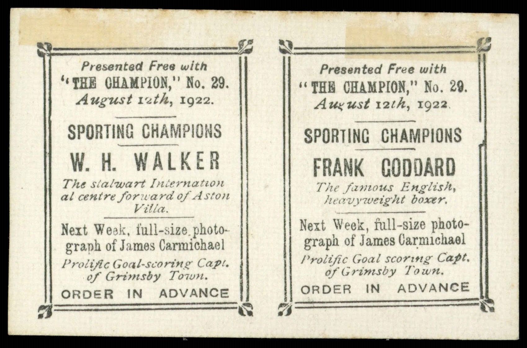 Amalgamated Press - 'Sporting Champions' (1922) - W.H. Walker (Aston Villa) & Frank Goddard Amalgamated Press - 'Sporting Champions' (1922) - W.H. Walker (Aston Villa) & Frank Goddard