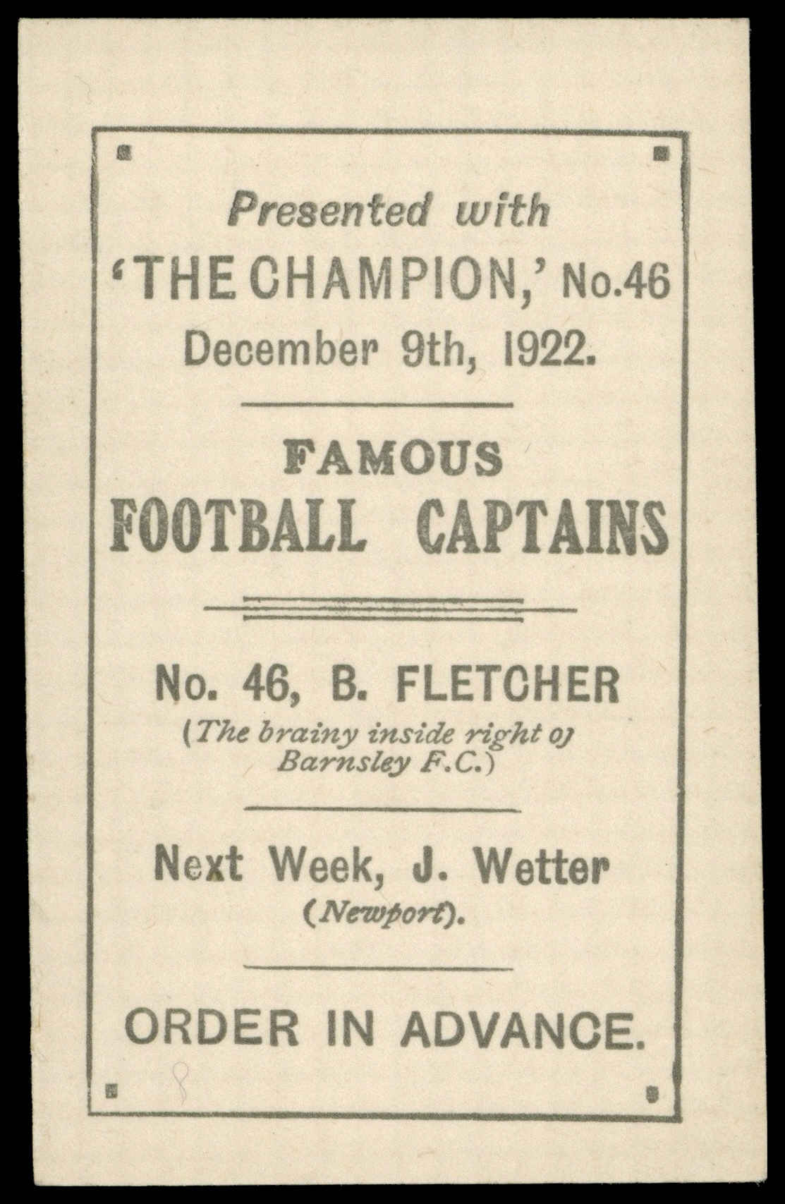 Amalgamated Press - 'Famous Football Captains' (1922) - B. Fletcher (Barnsley) Amalgamated Press - 'Famous Football Captains' (1922) - B. Fletcher (Barnsley)