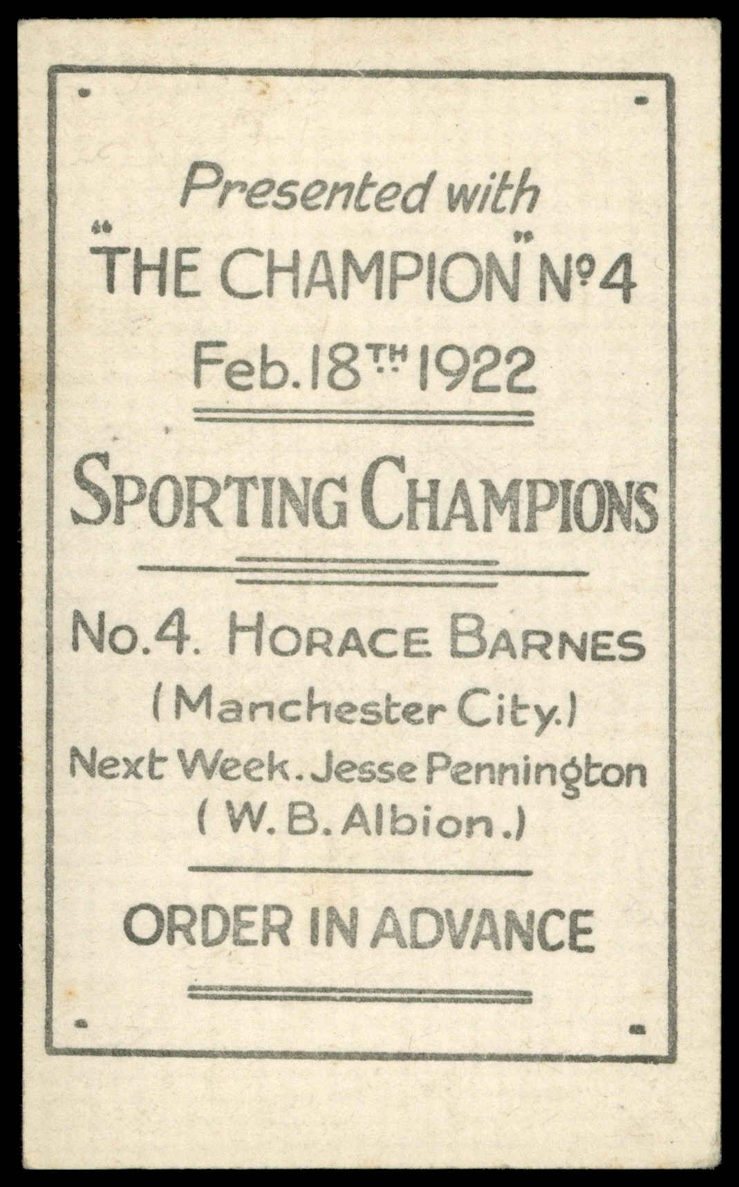 Amalgamated Press - 'Sporting Champions' (1922) - Horace Barnes (Manchester City) Amalgamated Press - 'Sporting Champions' (1922) - Horace Barnes (Manchester City)