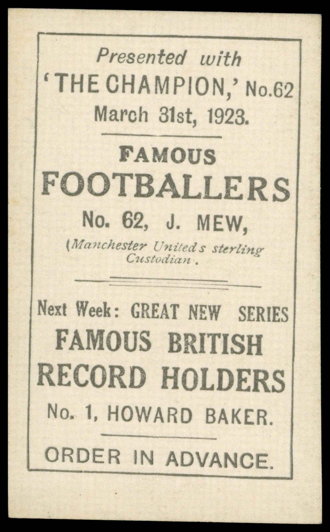 Amalgamated Press - 'Famous Footballers' (1923) - J. Mew (Manchester Utd) Amalgamated Press - 'Famous Footballers' (1923) - J. Mew (Manchester Utd)