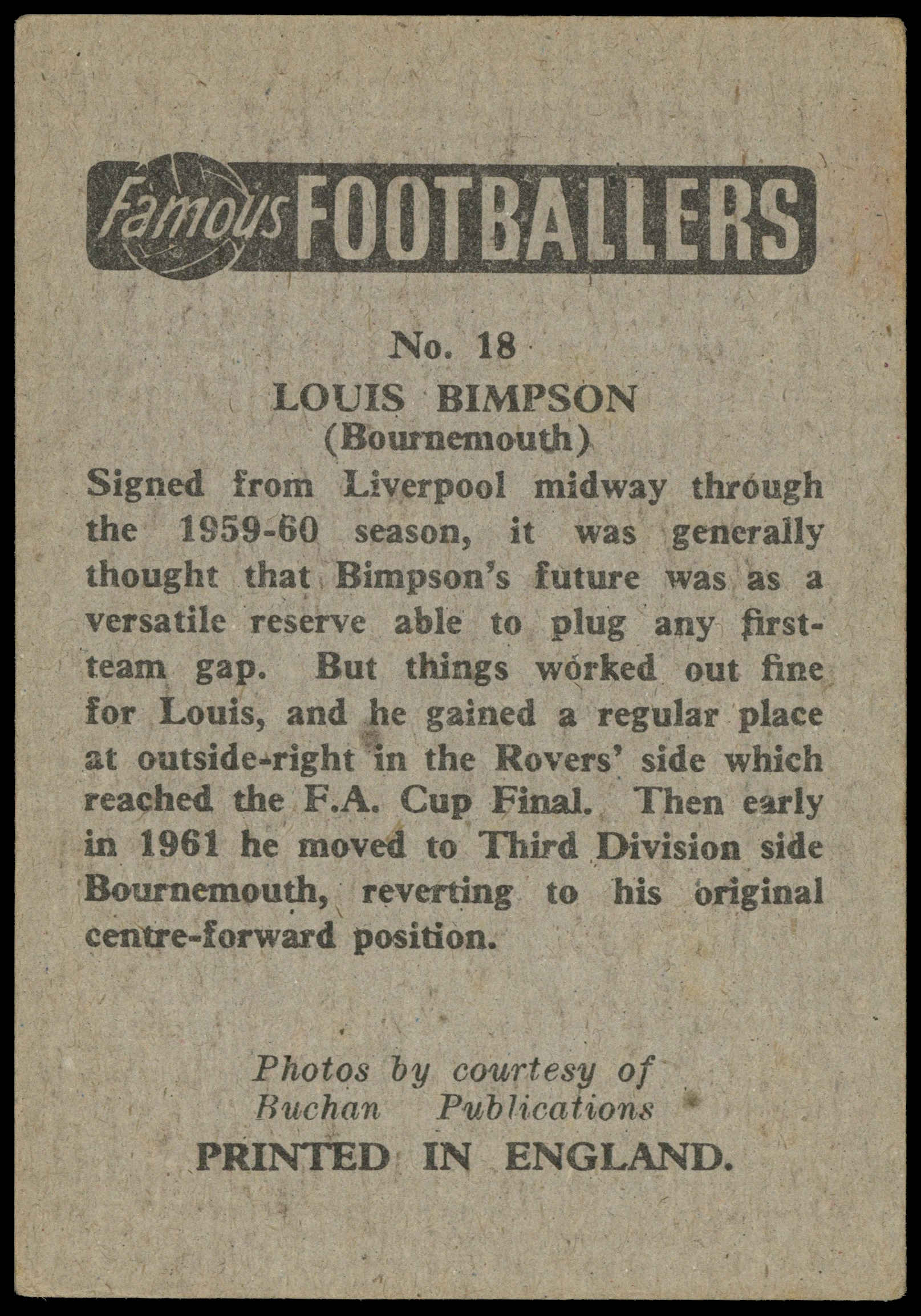 Chix - Louis Bimpson (Bournemoth) - 'Famous Footballers' (1961) Chix - Louis Bimpson (Bournemoth) - 'Famous Footballers' (1961)