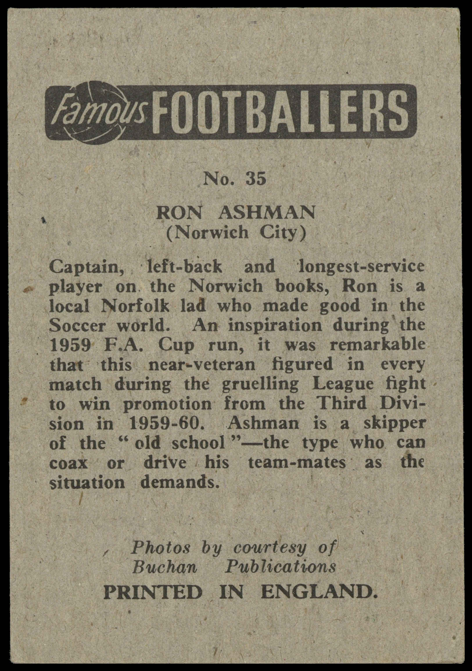 Chix - Ron Ashman (Norwich City) - 'Famous Footballers' (1961) Chix - Ron Ashman (Norwich City) - 'Famous Footballers' (1961)