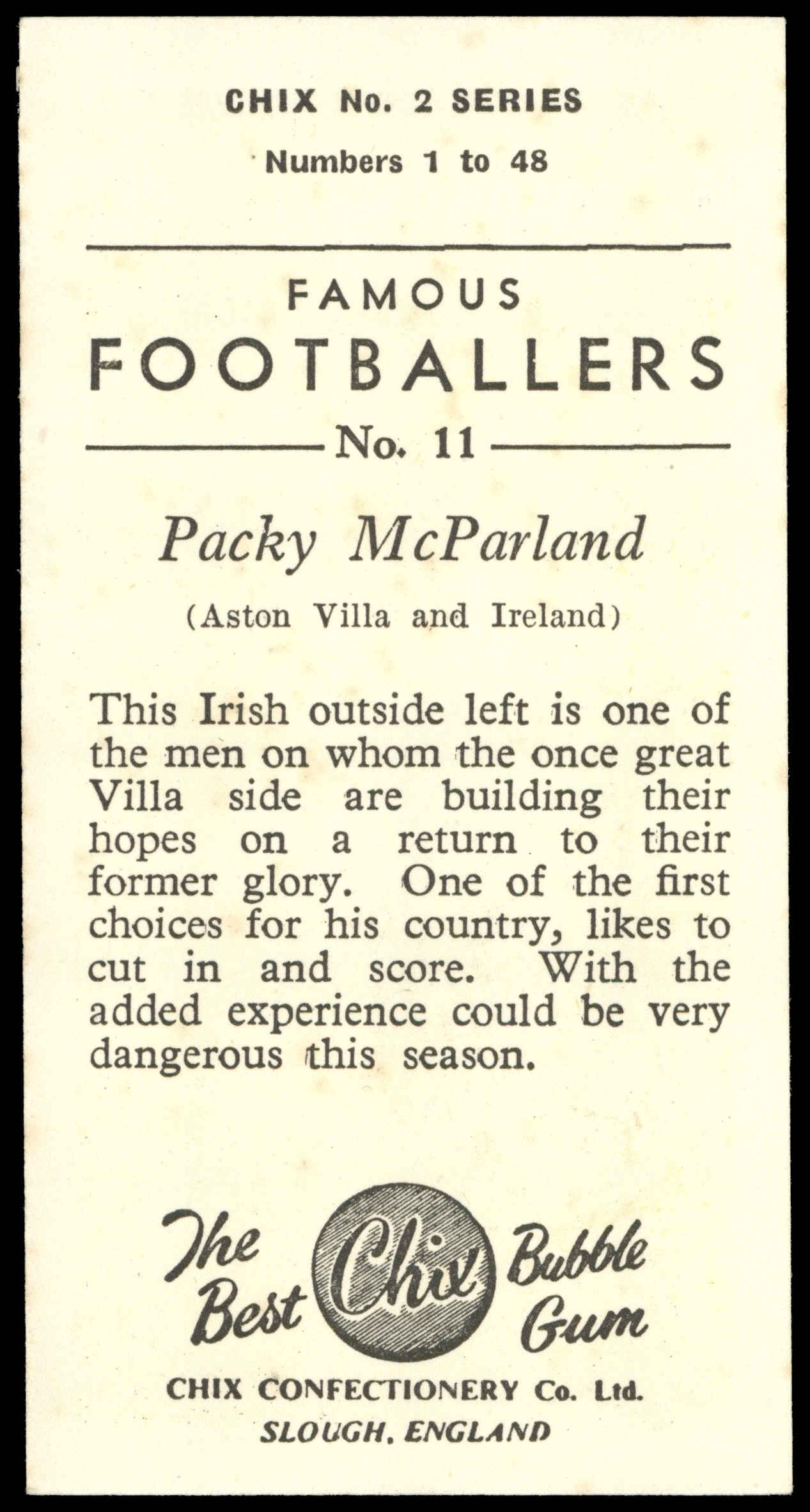 Chix - 'Famous Footballers S2' (1957) - #11 - Packy McParland (Aston Villa) Chix - 'Famous Footballers S2' (1957) - #11 - Packy McParland (Aston Villa)