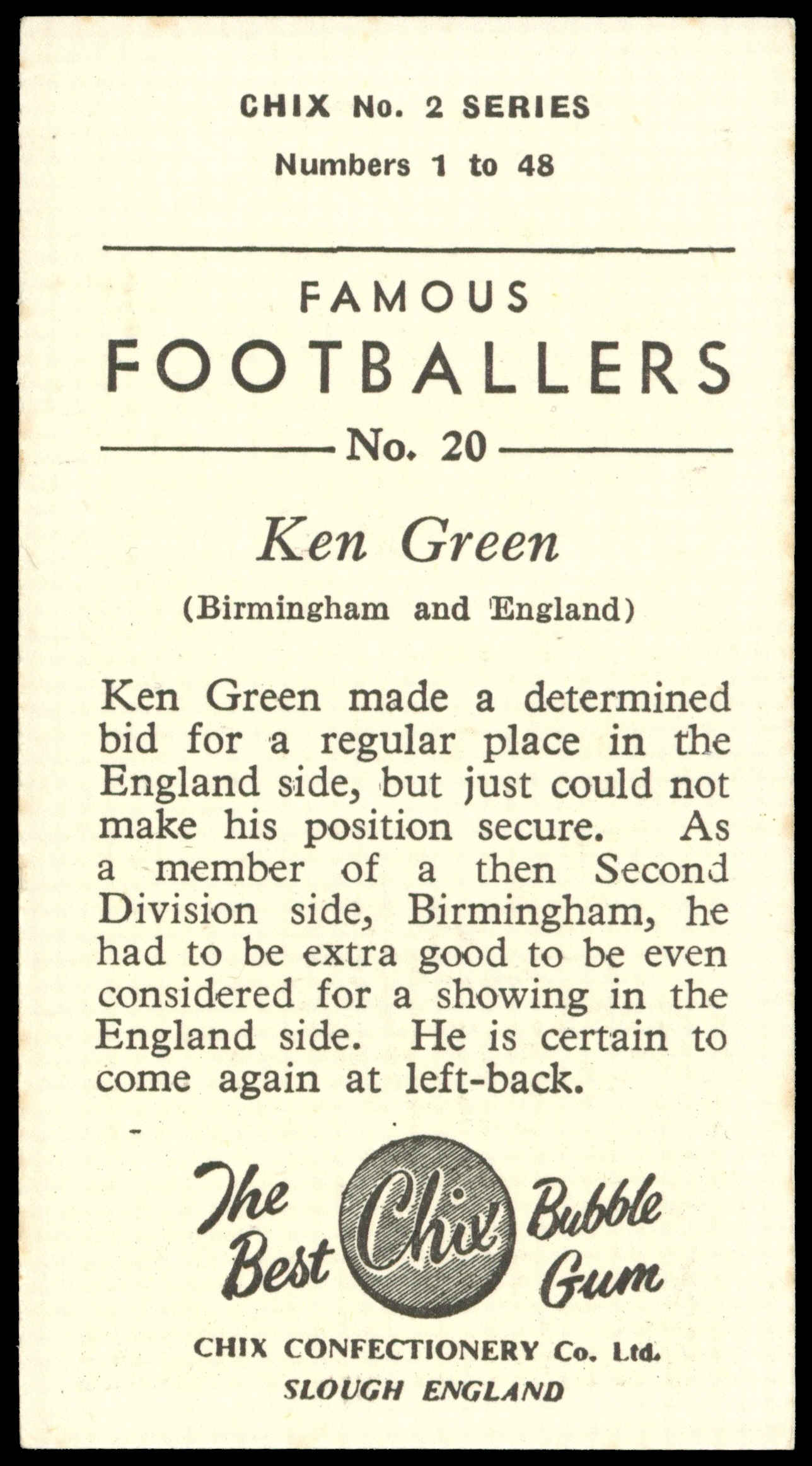 Chix - 'Famous Footballers S2' (1957) - #20 - Ken Green (Birmingham) Chix - 'Famous Footballers S2' (1957) - #20 - Ken Green (Birmingham)
