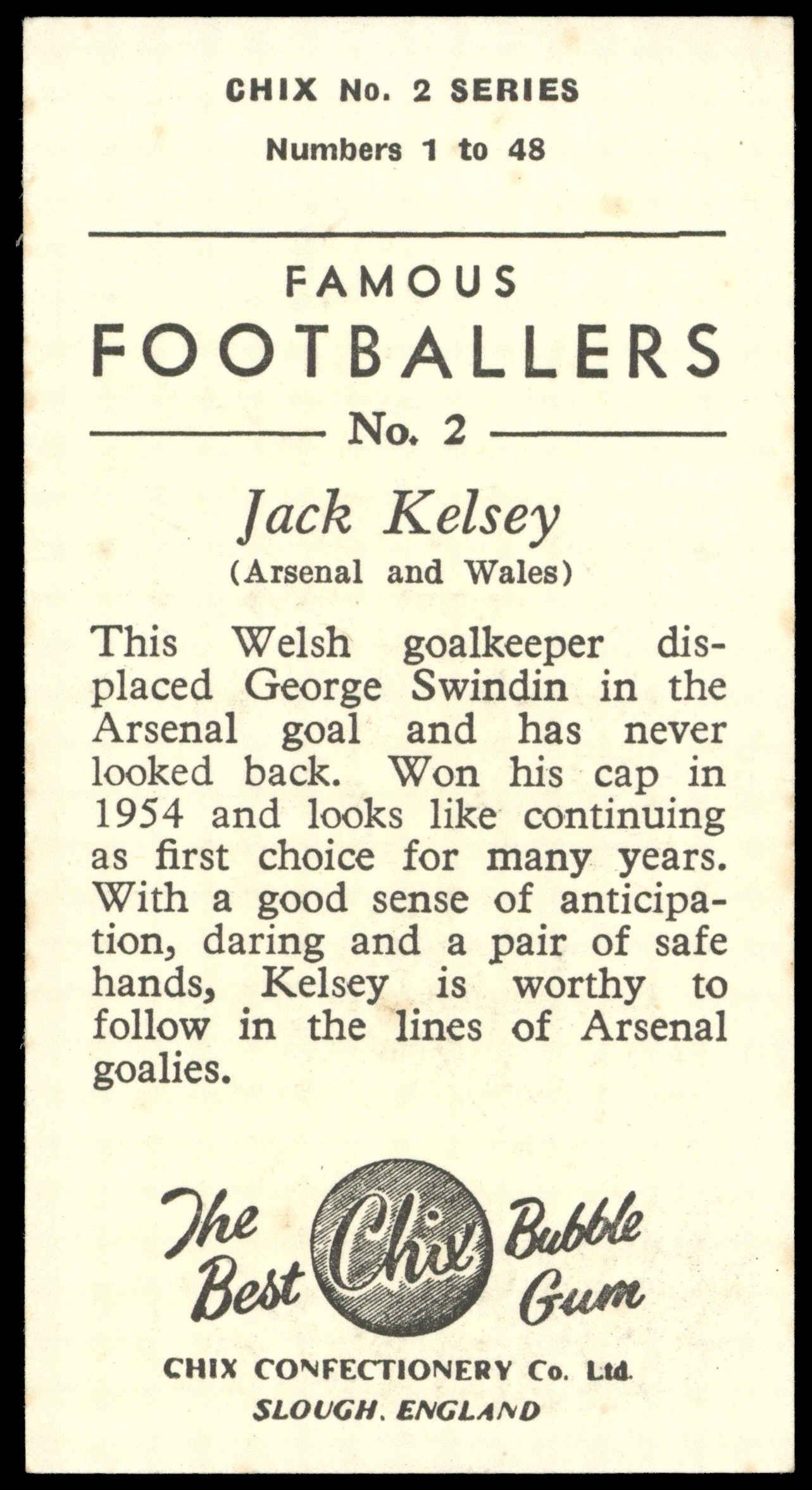 Chix - 'Famous Footballers S2' (1957) - #2 - Jack Kelsey (Arsenal) Chix - 'Famous Footballers S2' (1957) - #2 - Jack Kelsey (Arsenal)