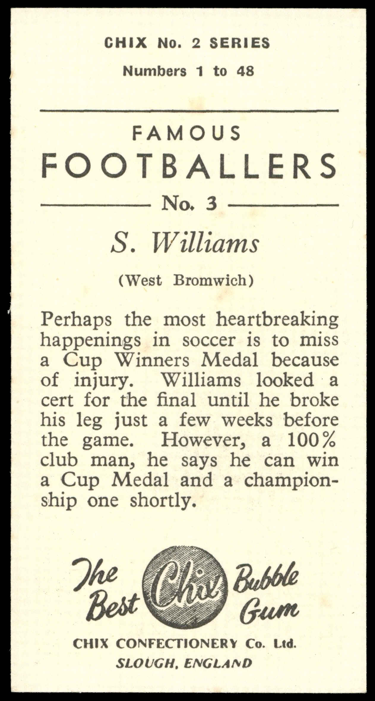 Chix - 'Famous Footballers S2' (1957) - #3 - S. Williams (West Brom) Chix - 'Famous Footballers S2' (1957) - #3 - S. Williams (West Brom)