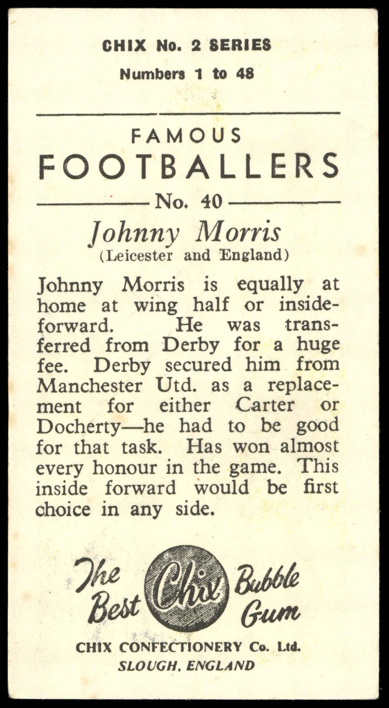 Chix - 'Famous Footballers S2' (1957) - #40 - Johnny Morris (Leicester) Chix - 'Famous Footballers S2' (1957) - #40 - Johnny Morris (Leicester)