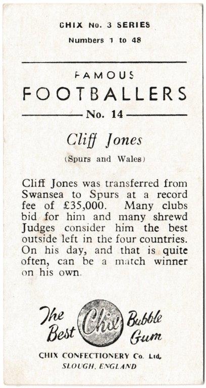 Chix - 'Famous Footballers (Series 3)' (1955) - Card #14 - Cliff Jones (Tottenham Hotspur) Chix - 'Famous Footballers (Series 3)' (1955) - Card #14 - Cliff Jones (Tottenham Hotspur)