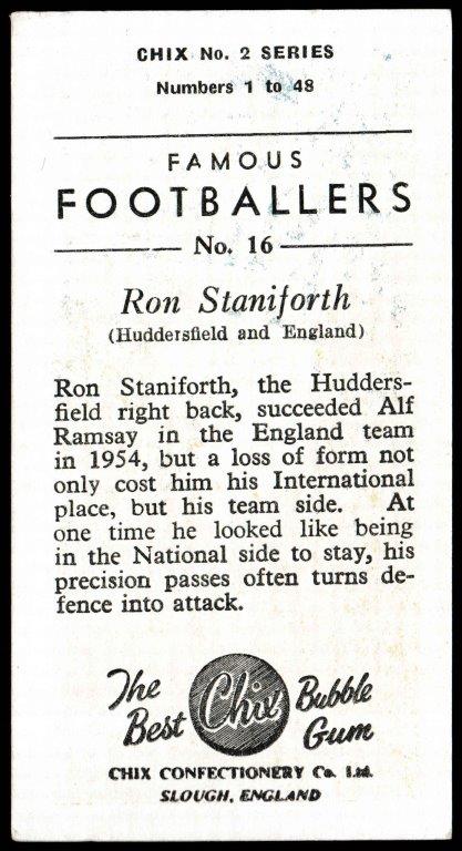 Chix - 'Famous Footballers (Series 2)' - Card #16 - Ron Staniforth (Huddersfield) Chix - 'Famous Footballers (Series 2)' - Card #16 - Ron Staniforth (Huddersfield)