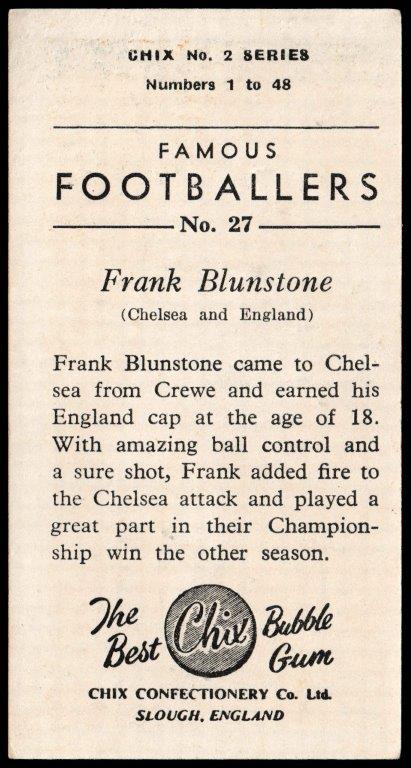 Chix - 'Famous Footballers (Series 2)' - Card #27 - Frank Blunstone (Chelsea) Chix - 'Famous Footballers (Series 2)' - Card #27 - Frank Blunstone (Chelsea)