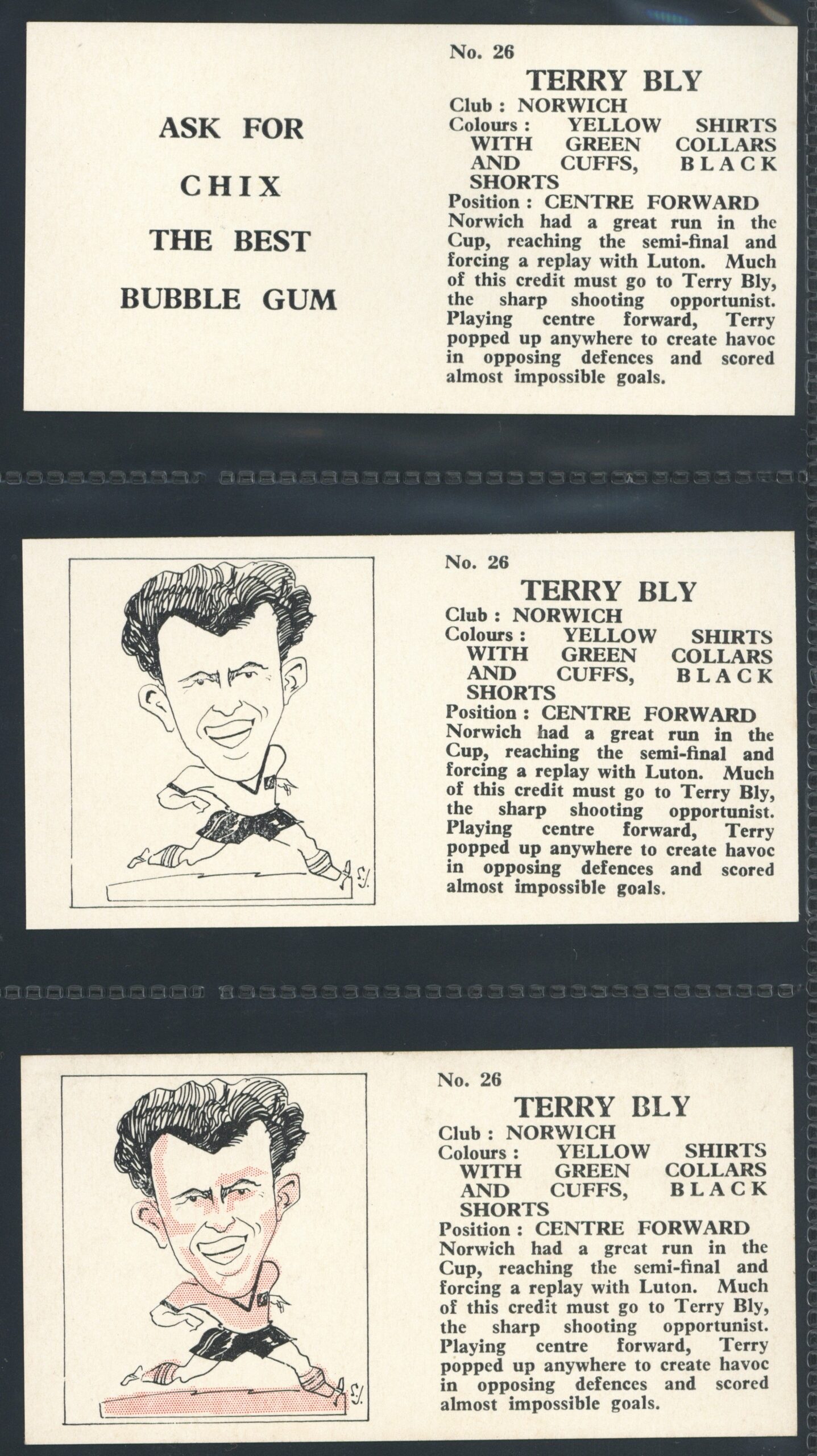 Chix - 'Footballers (Double) 3 Variants' (1960) - Terry Bly (Norwich City) Chix - 'Footballers (Double) 3 Variants' (1960) - Terry Bly (Norwich City)