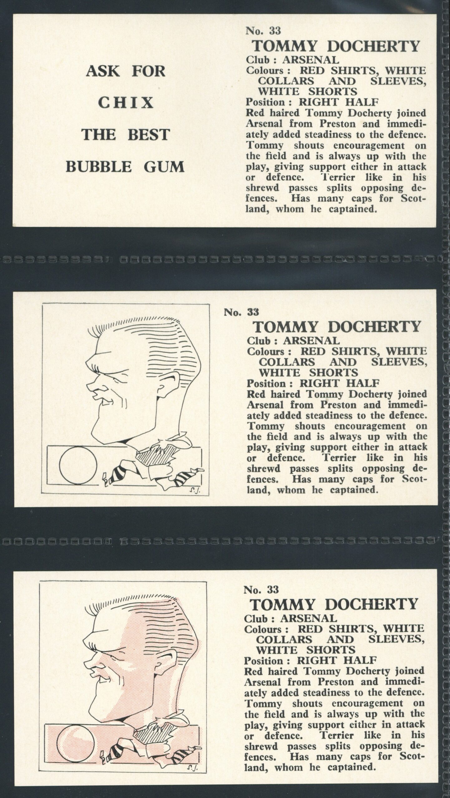 Chix - 'Footballers (Double) 3 Variants' (1960) - Tommy Docherty (Arsenal) Chix - 'Footballers (Double) 3 Variants' (1960) - Tommy Docherty (Arsenal)
