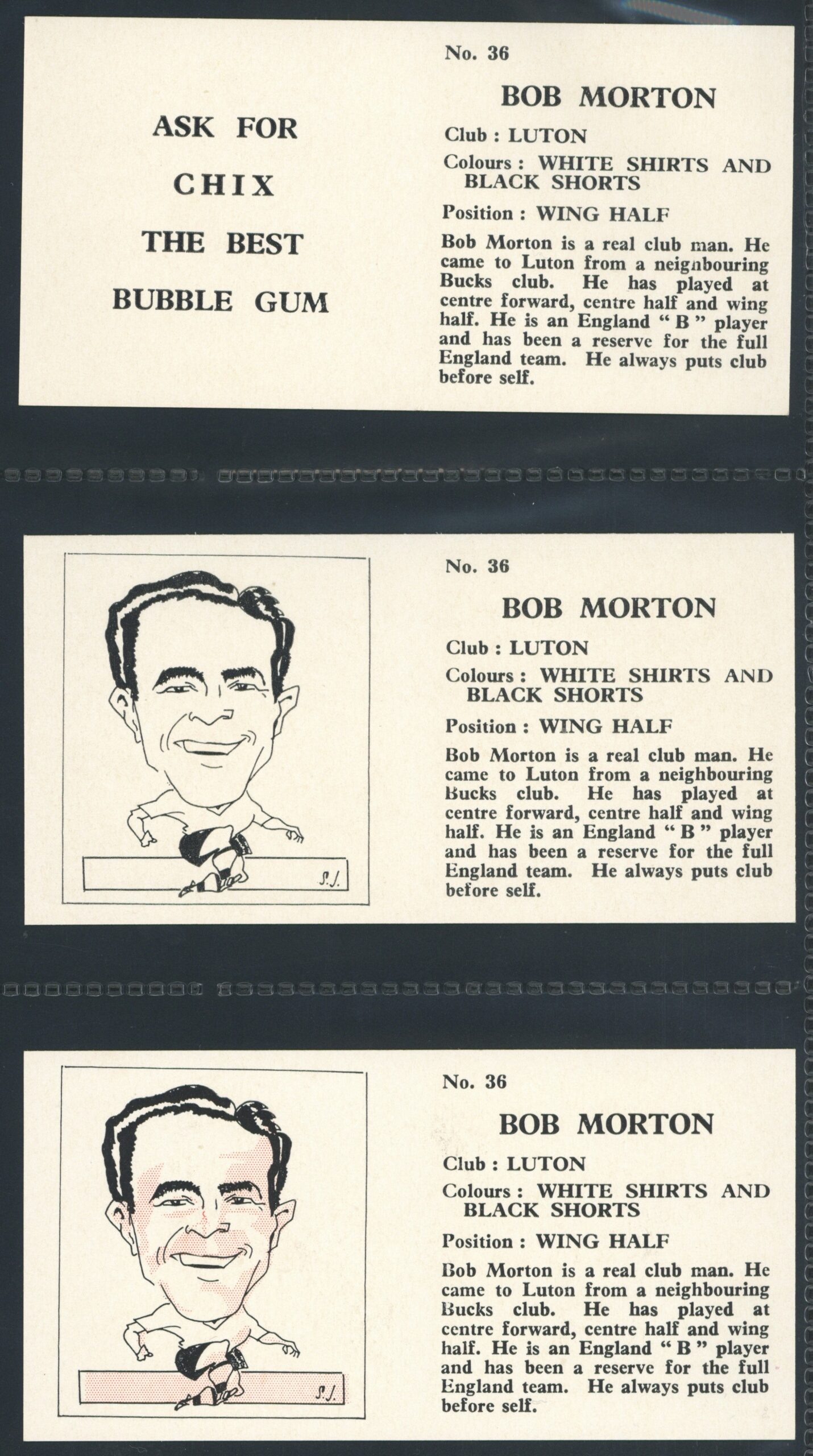 Chix - 'Footballers (Double) 3 Variants' (1960) - Bob Morton (Luton Town) Chix - 'Footballers (Double) 3 Variants' (1960) - Bob Morton (Luton Town)