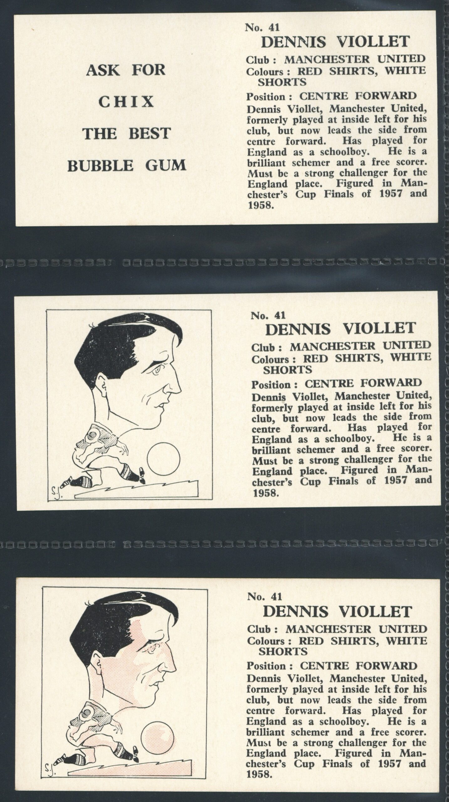 Chix - 'Footballers (Double) 3 Variants' (1960) - Dennis Viollett (Manchester United) Chix - 'Footballers (Double) 3 Variants' (1960) - Dennis Viollett (Manchester United)