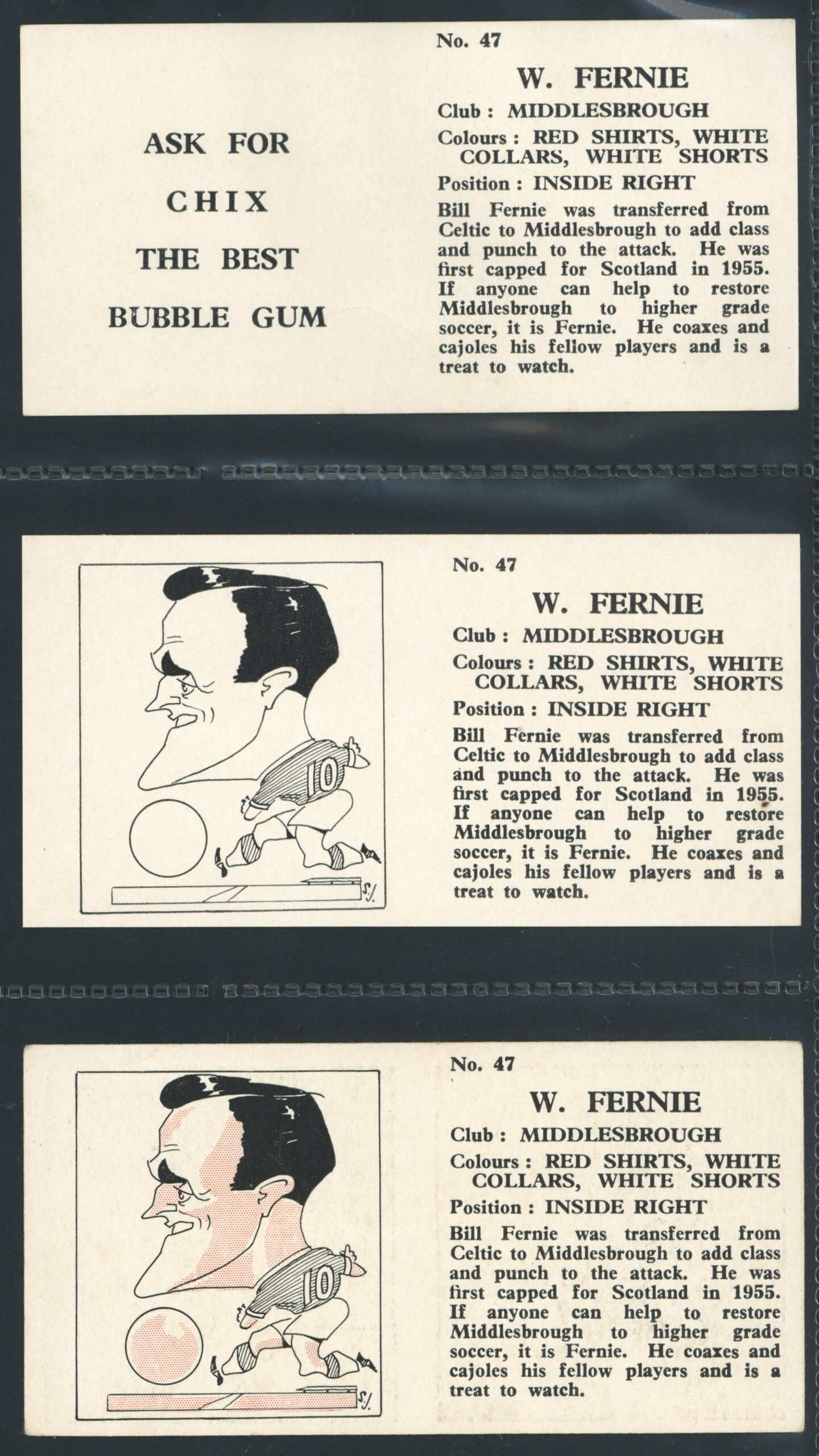 Chix - 'Footballers (Double) 3 Variants' (1960) - W. Fernie (Middlesbrough) Chix - 'Footballers (Double) 3 Variants' (1960) - W. Fernie (Middlesbrough)