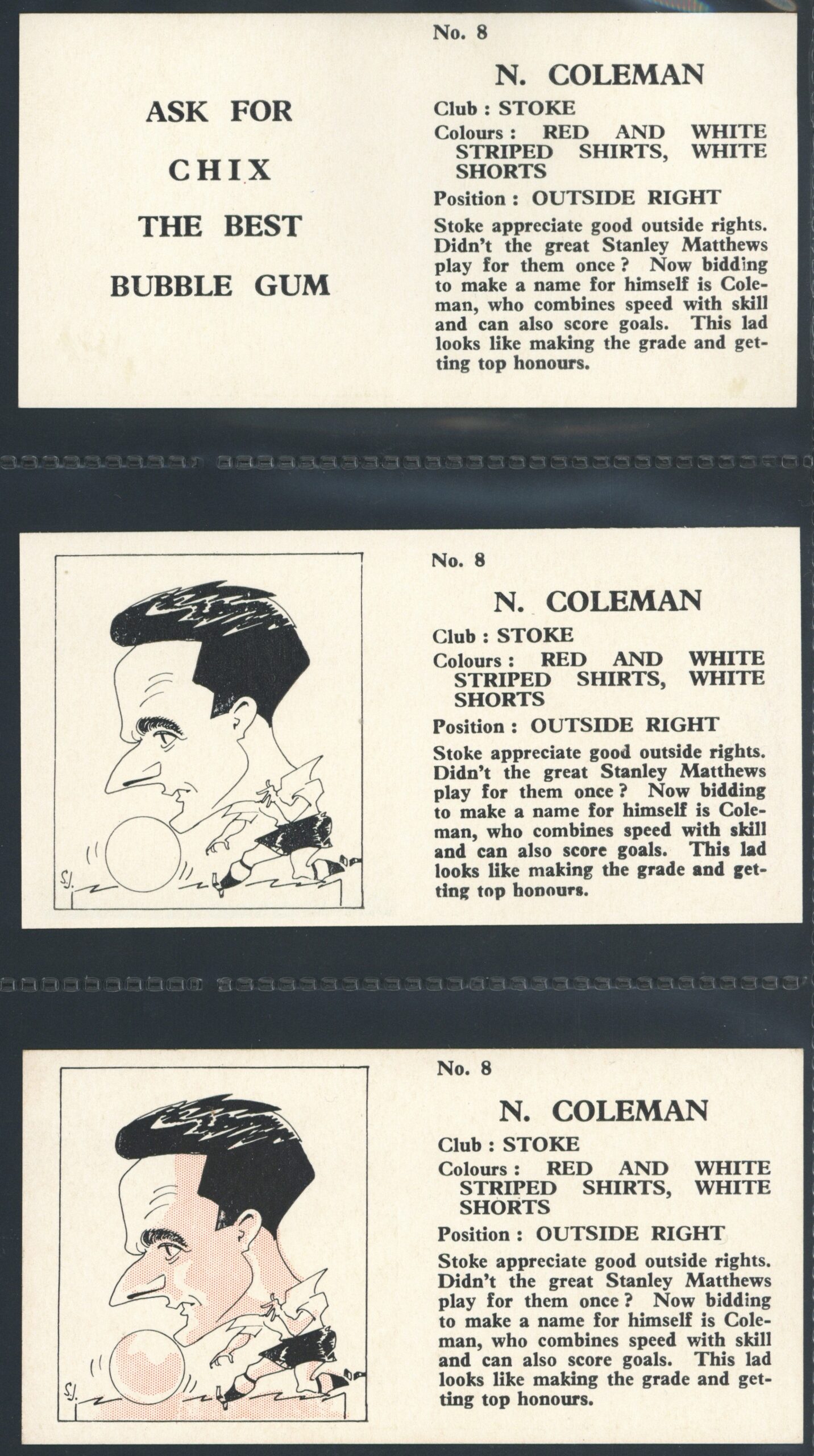 Chix - 'Footballers (Double) 3 Variants' (1960) - N. Coleman (Stoke City) Chix - 'Footballers (Double) 3 Variants' (1960) - N. Coleman (Stoke City)