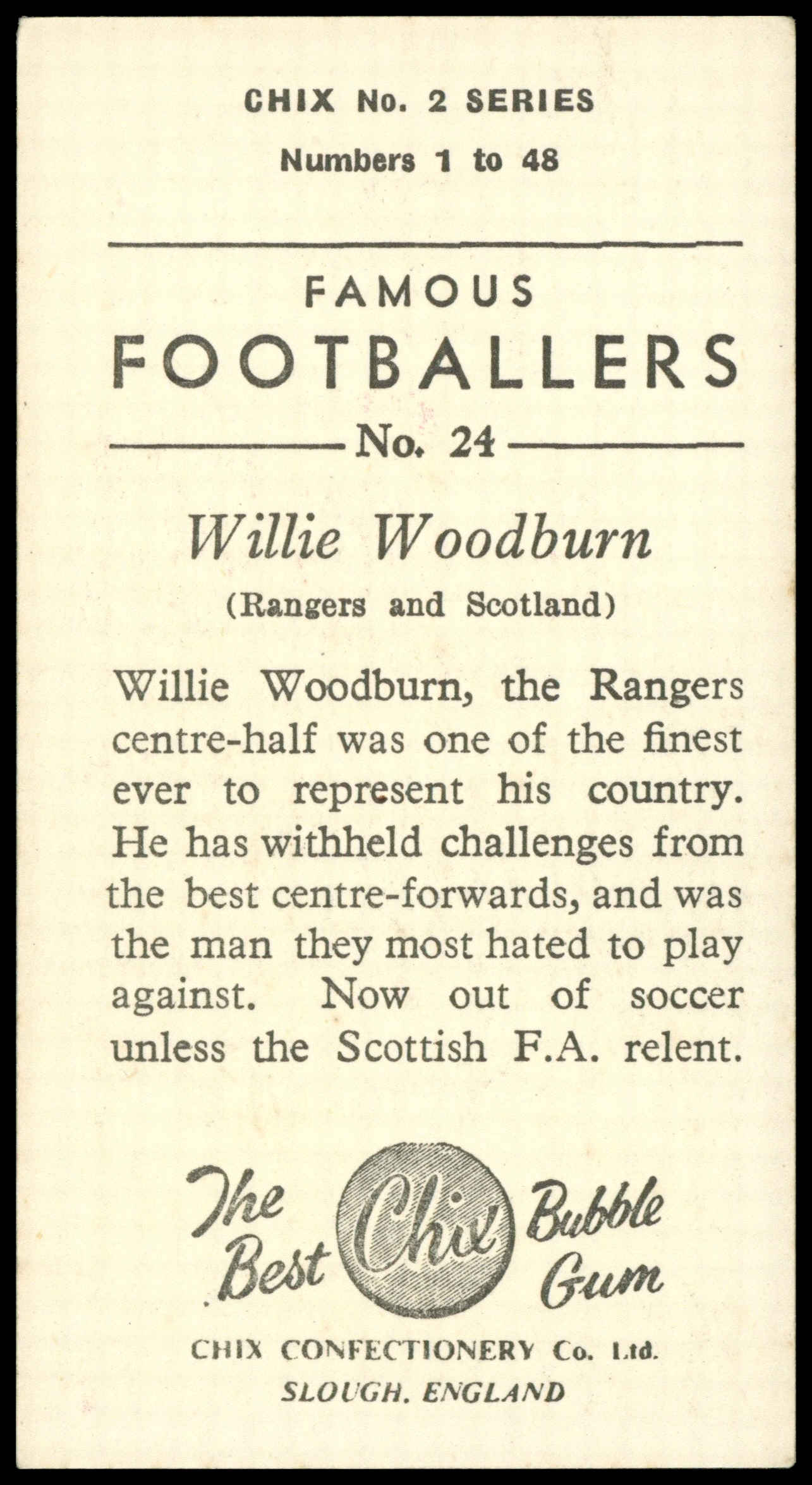 Chix - 'Famous Footballers S2' (1957) - #24 - Willie Woodburn (Rangers) Chix - 'Famous Footballers S2' (1957) - #24 - Willie Woodburn (Rangers)