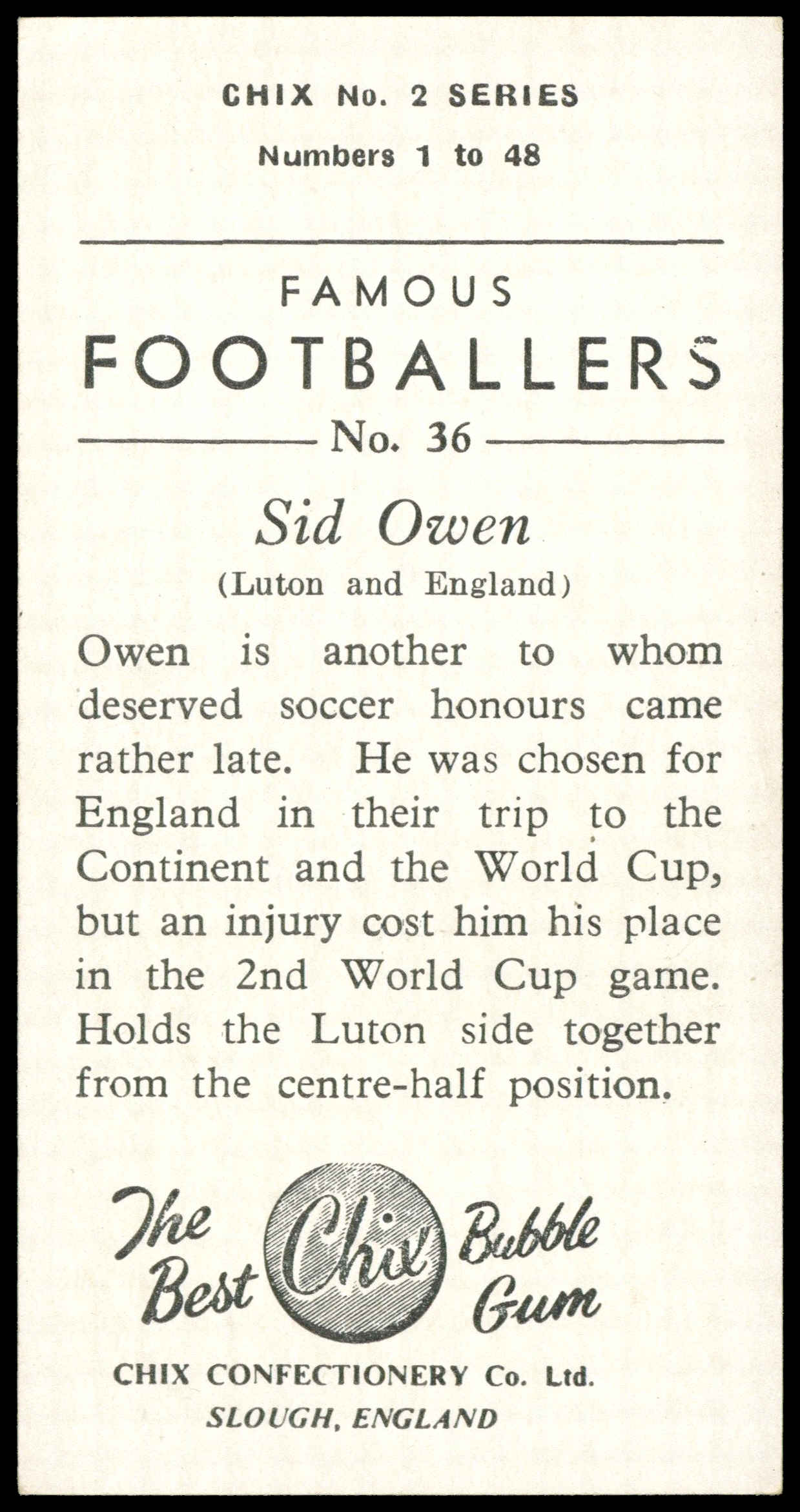 Chix - 'Famous Footballers S2' (1957) - #36 - Sid Owen (Luton Town) Chix - 'Famous Footballers S2' (1957) - #36 - Sid Owen (Luton Town)