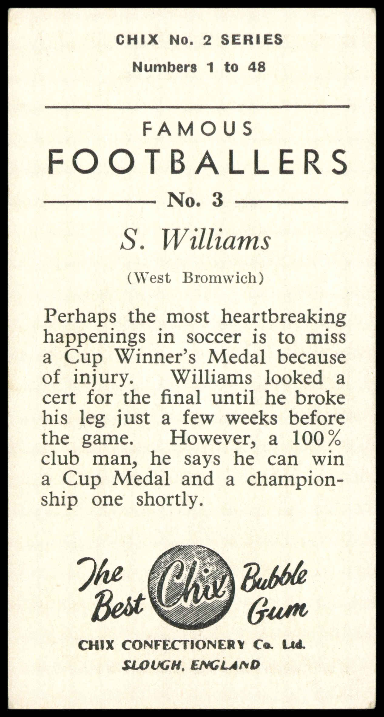 Chix - 'Famous Footballers S2' (1957) - #3 - S. Williams (West Brom) Chix - 'Famous Footballers S2' (1957) - #3 - S. Williams (West Brom)