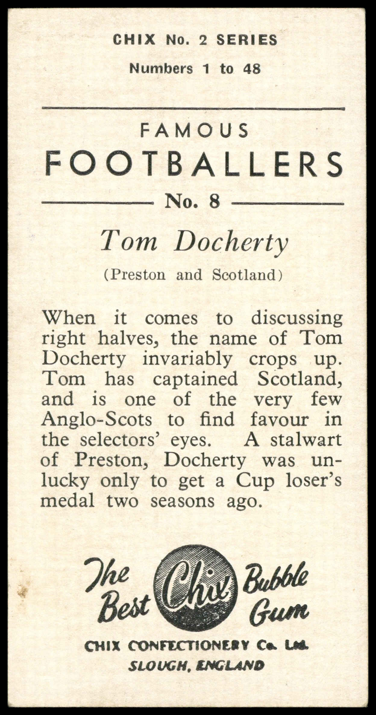 Chix - 'Famous Footballers S2' (1957) - #8 - Tom Docherty (Preston NE) Chix - 'Famous Footballers S2' (1957) - #8 - Tom Docherty (Preston NE)