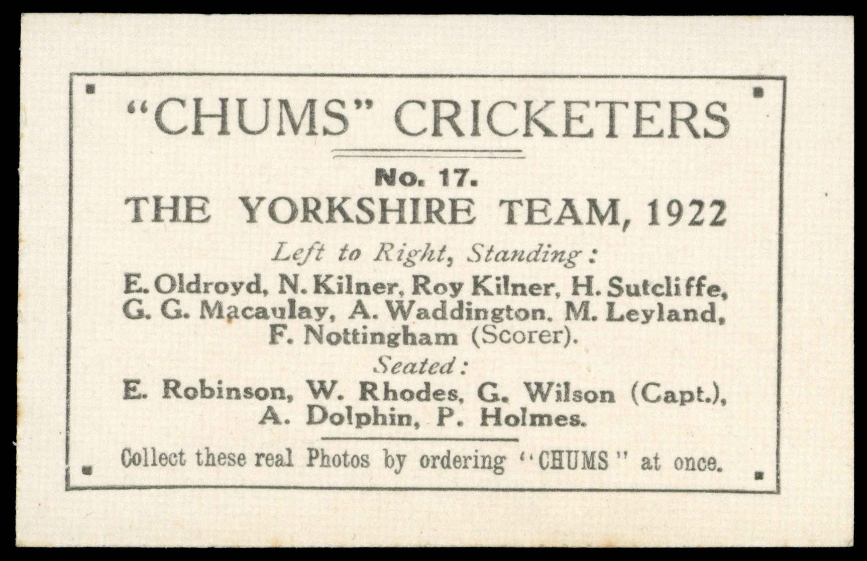 Chums - 'Cricketers' (1923) - #17 - The Yorkshire Team 1922 Chums - 'Cricketers' (1923) - #17 - The Yorkshire Team 1922