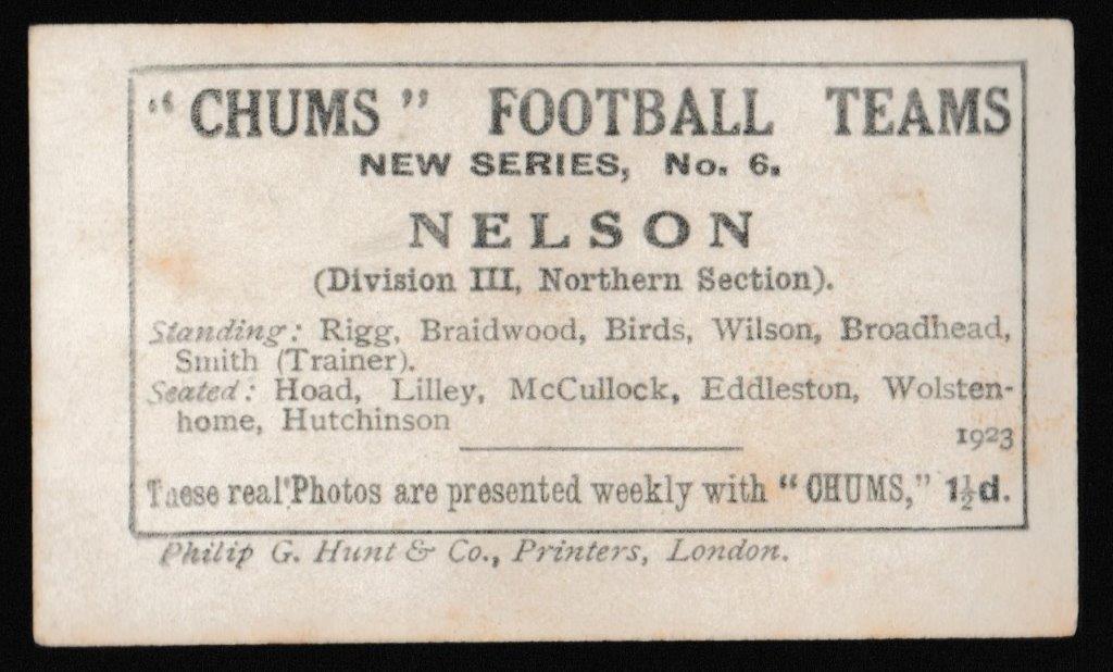 Chums - 'Football Teams - New Series' (1923) - Card #6 - Nelson Chums - 'Football Teams - New Series' (1923) - Card #6 - Nelson