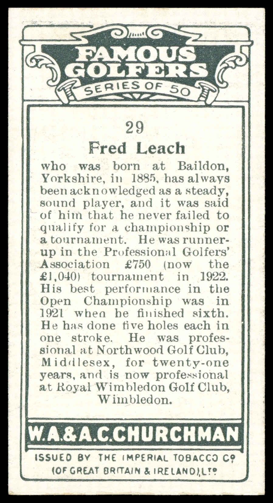 Churchman - 'Famous Golfers' (1927) - Fred Leach Churchman - 'Famous Golfers' (1927) - Fred Leach