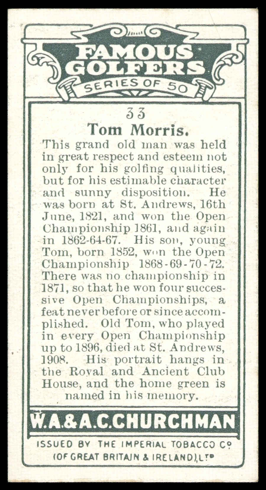 Churchman - Tom Morris - 'Famous Golfers' - (1927) Churchman - Tom Morris - 'Famous Golfers' - (1927)