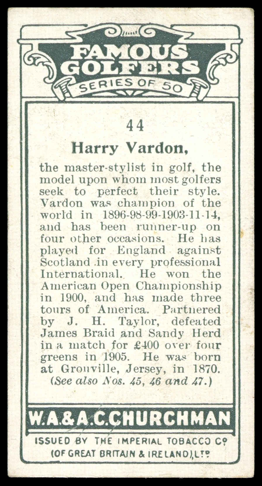 Churchman - 'Famous Golfers' (1927) - Harry Vardon Churchman - 'Famous Golfers' (1927) - Harry Vardon
