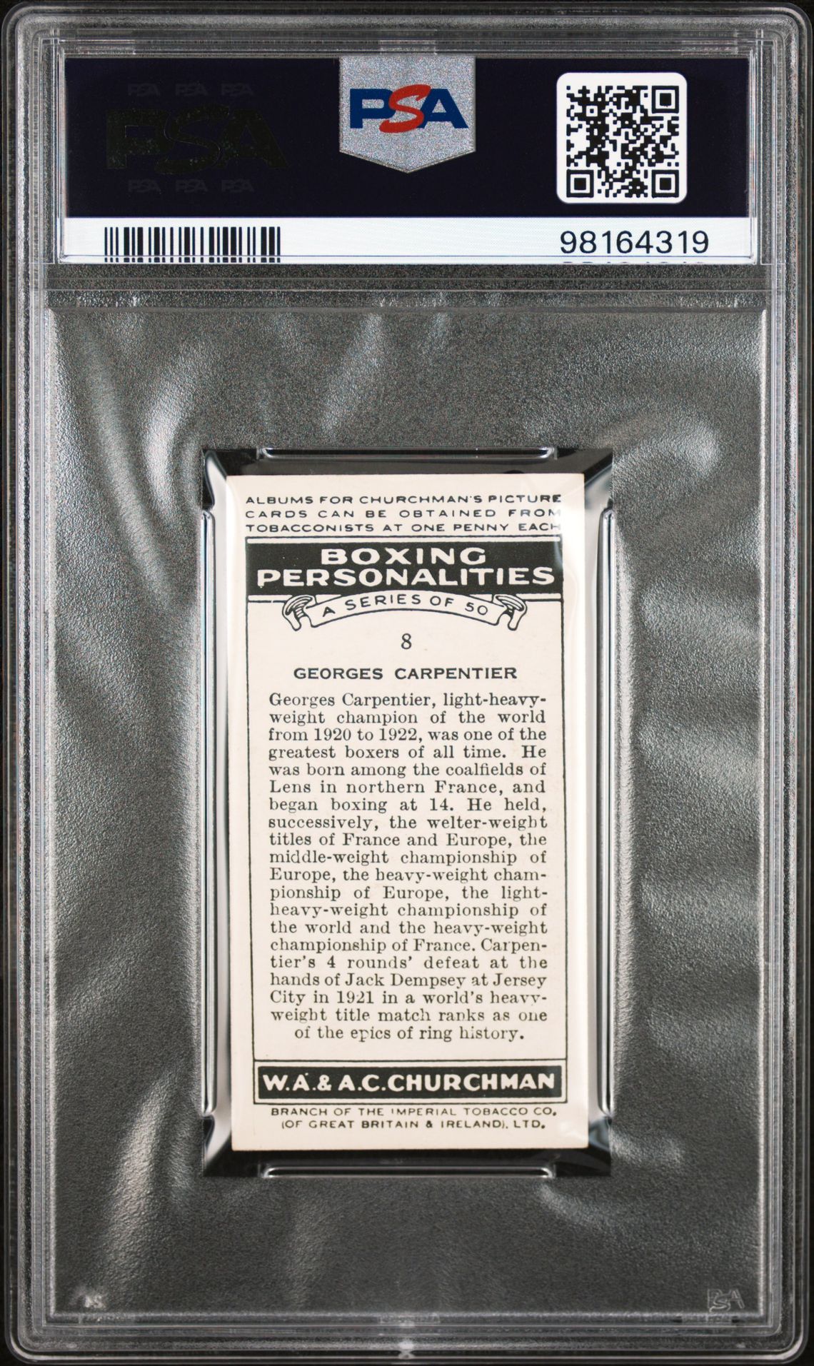 Churchman - Boxing Personalities - Georges Carpentier **PSA7.5** Churchman - Boxing Personalities - Georges Carpentier **PSA7.5**