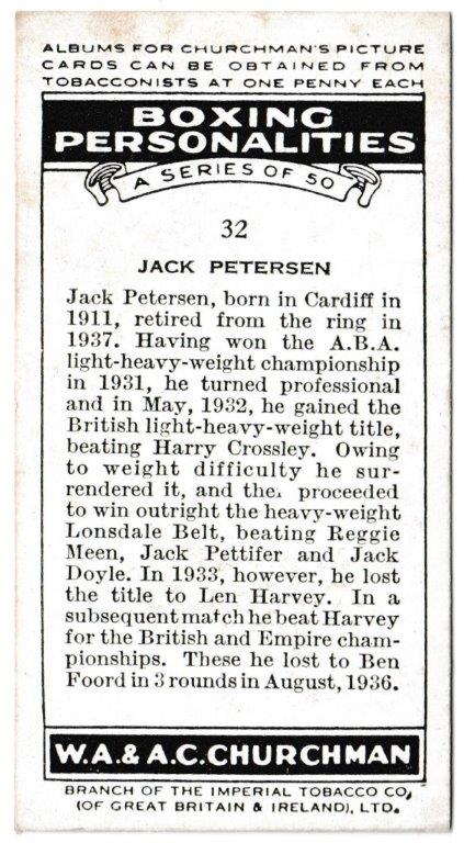 Churchman (W.A. & A.C) - 'Boxing Personalities' (1938) - Card #32 - Jack Peterson Churchman (W.A. & A.C) - 'Boxing Personalities' (1938) - Card #32 - Jack Peterson