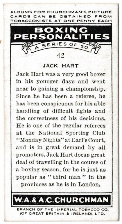 Churchman (W.A. & A.C) - 'Boxing Personalities' (1938) - Card #42 - Jack Hart Churchman (W.A. & A.C) - 'Boxing Personalities' (1938) - Card #42 - Jack Hart