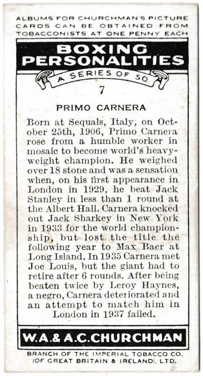 Churchman (W.A. & A.C) - 'Boxing Personalities' (1938) - Card #7 - Primo Carnera Churchman (W.A. & A.C) - 'Boxing Personalities' (1938) - Card #7 - Primo Carnera