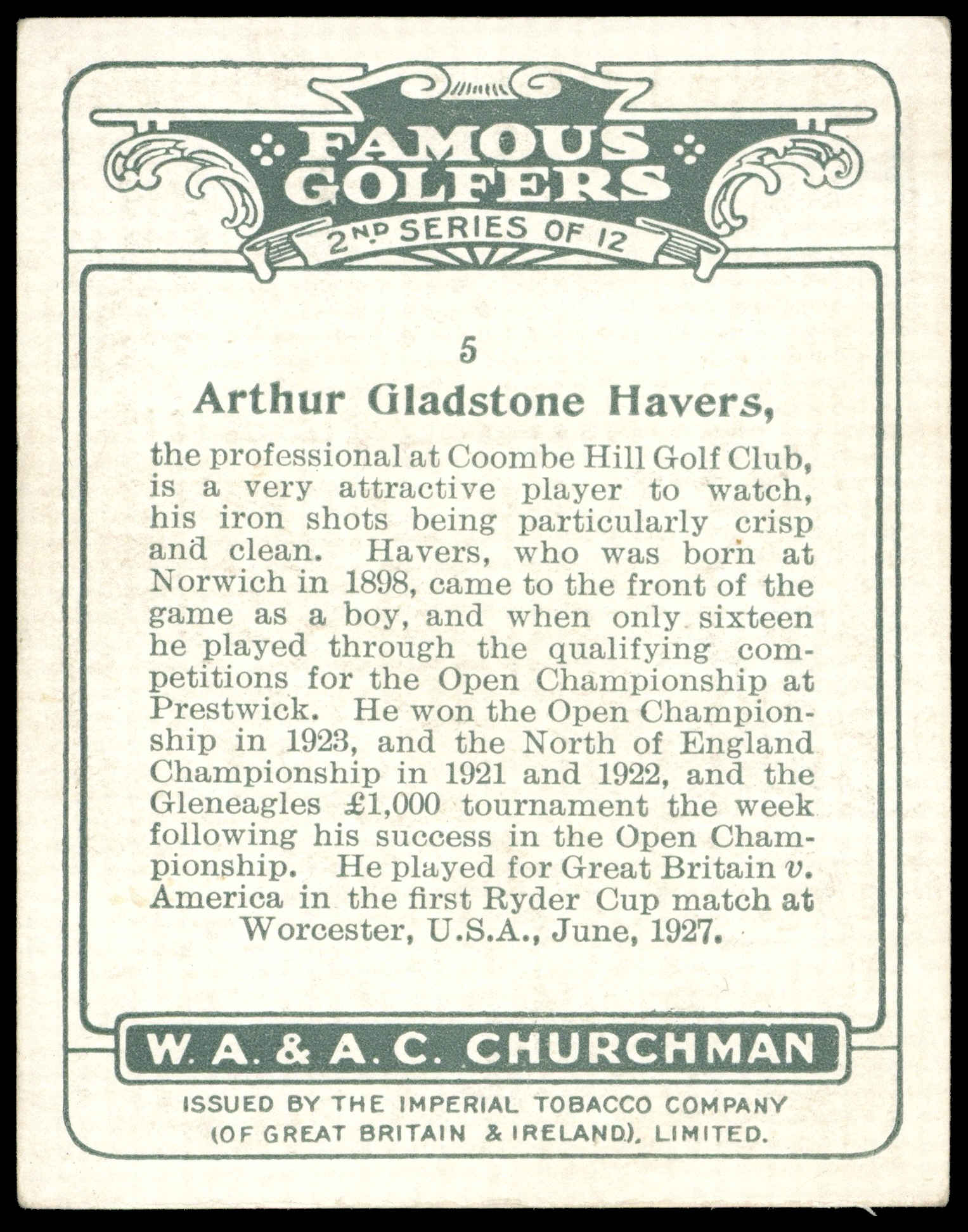 Churchman - 'Famous Golfers (S2L)' (1928) - Arthur Gladstone Havers Churchman - 'Famous Golfers (S2L)' (1928) - Arthur Gladstone Havers