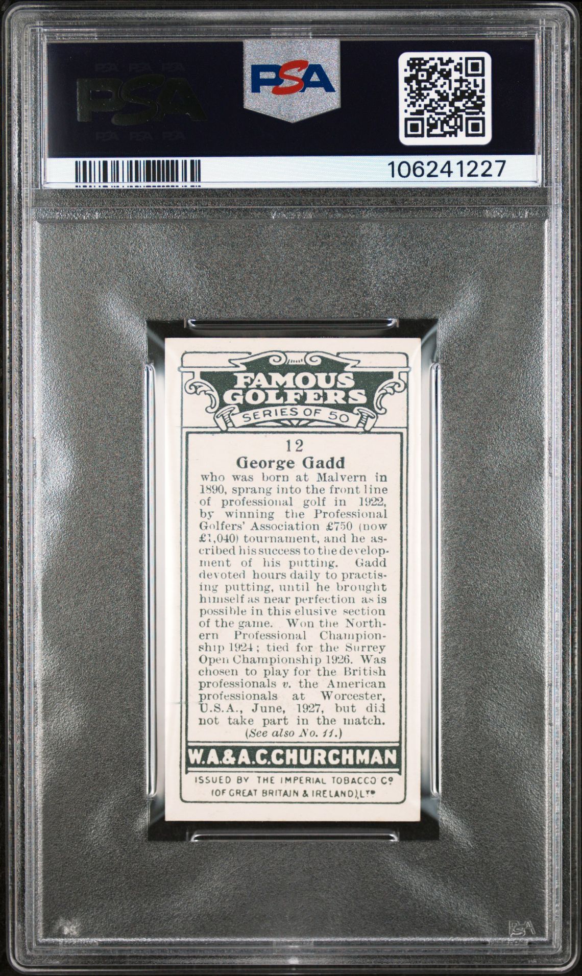 Churchman - 'Famous Golfers' (1927) - George Gadd **PSA7** Churchman - 'Famous Golfers' (1927) - George Gadd **PSA7**