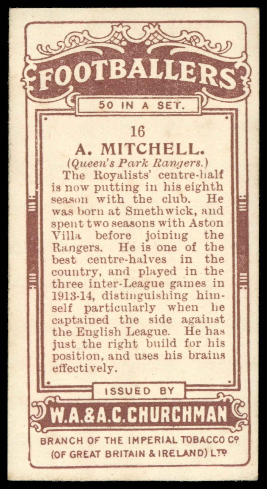 Churchman - 'Footballers' - A. Mitchell (Queen's Park Rangers) (1914) Churchman - 'Footballers' - A. Mitchell (Queen's Park Rangers) (1914)